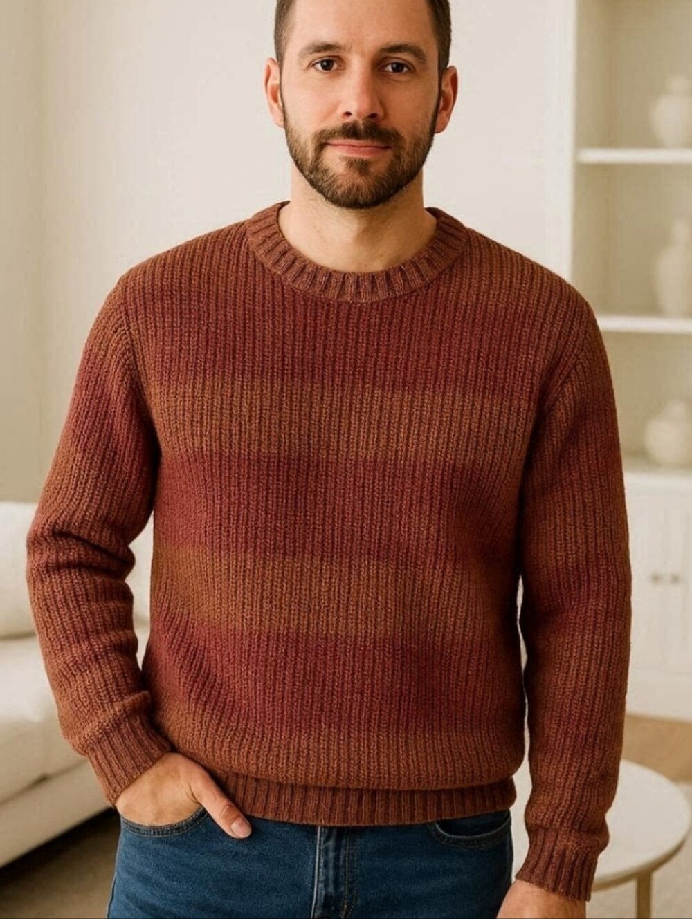 Men's Shades Of Rust Relaxed Weave Soft Knit Crewneck Sweater - Long Sleeves - S